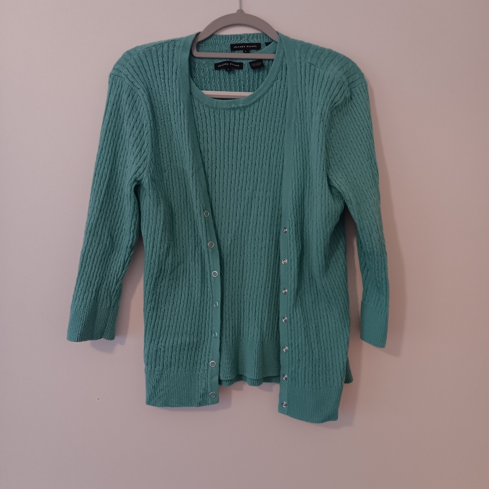 JEANNE PIERRE Teal Ribbed Knit Cardigan & Tank Set Large - Picture 4 of 7